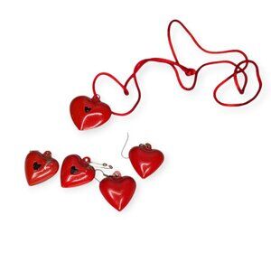 Valentine's Day Heart Bell Necklace & 2 Pairs of Red Heart Bell Earrings